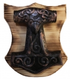 Dekoration aus Gips - Thors Hammer auf Holz - groß - bronze Optik